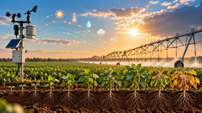 Estación meteorológica en un cultivo con pivote central de riego y representación de variables climáticas