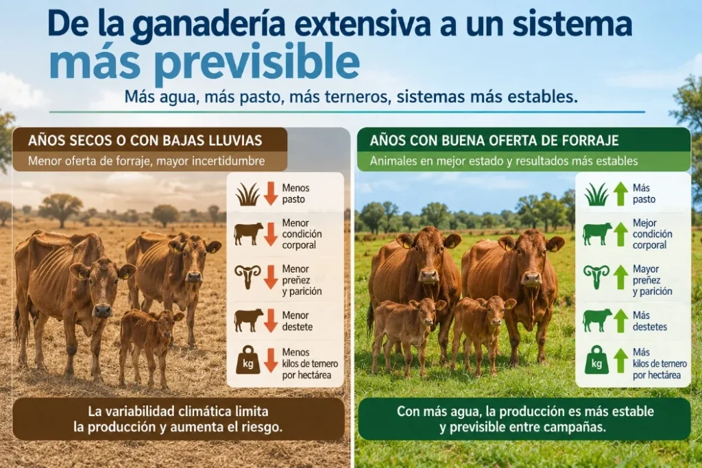 Infografía comparativa de años secos y años con buena oferta de forraje, mostrando efectos sobre condición corporal, preñez, destete y producción de terneros