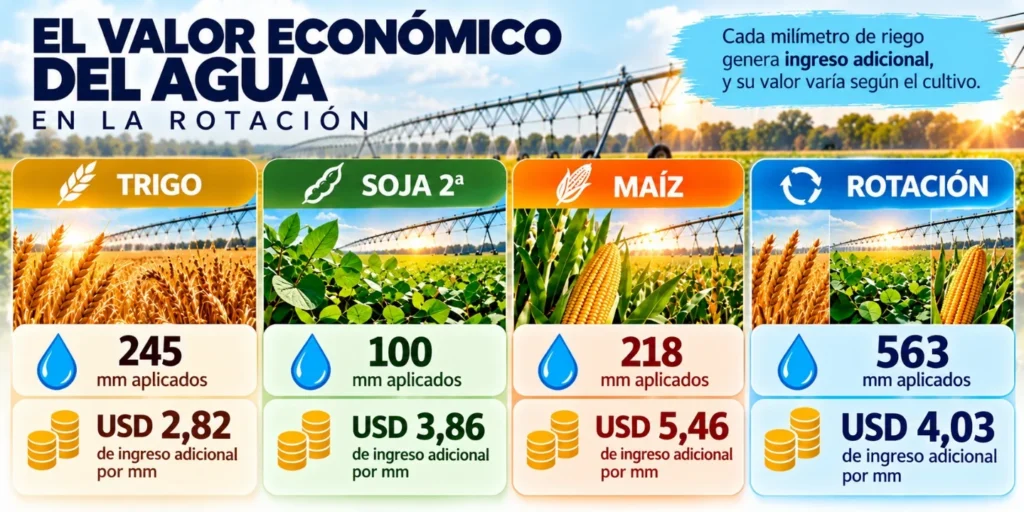 Infografía del ingreso adicional generado por cada milímetro de riego en trigo, soja de segunda, maíz y en la rotación completa