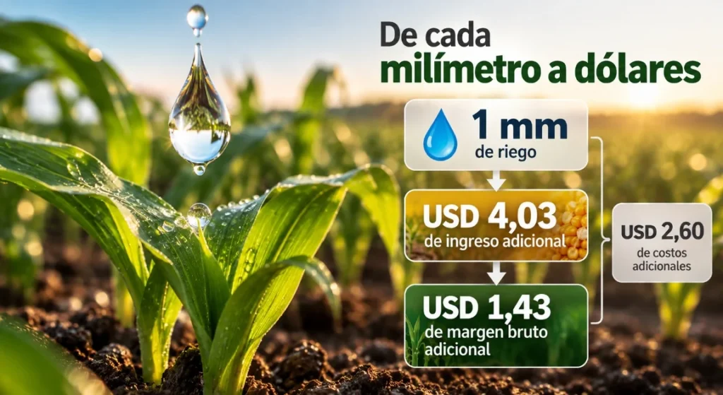 Infografía que muestra que un milímetro de riego genera 4,03 dólares de ingreso adicional, 1,43 dólares de margen bruto adicional y 2,60 dólares de costos adicionales
