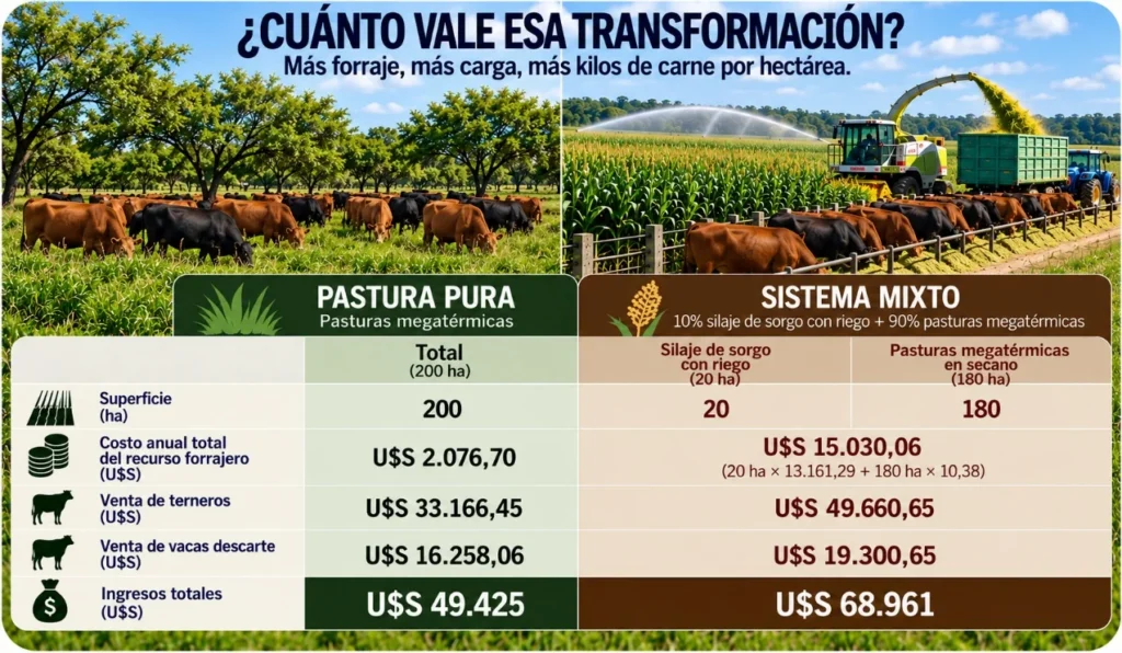 Infografía que compara los costos forrajeros y los ingresos por venta de terneros y vacas de descarte en un sistema ganadero de secano y uno mixto con riego