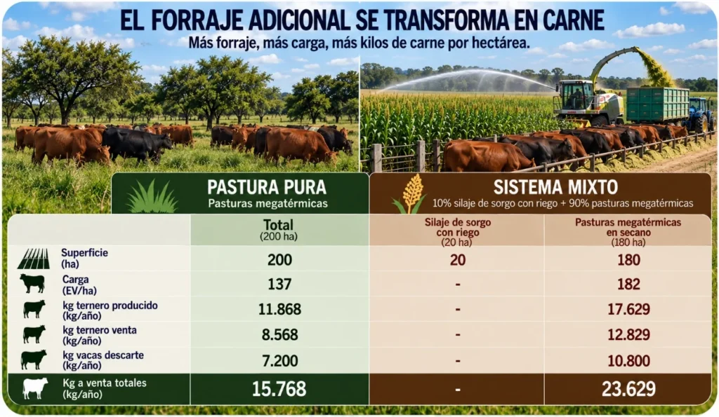 Comparación de kilos de terneros, vacas de descarte y carne total producidos en sistemas ganaderos de pastura pura y mixtos con riego