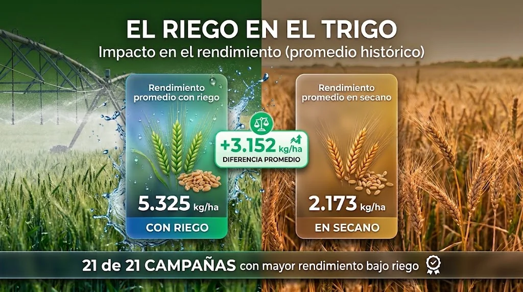 Infografía comparativa del rendimiento promedio de trigo: 5.325 kg/ha con riego y 2.173 kg/ha en secano, en 21 campañas
