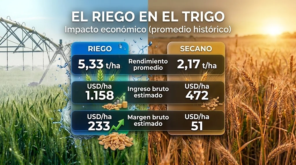 Infografía del impacto económico del riego en trigo: rendimientos, ingresos brutos y márgenes estimados frente al secano

