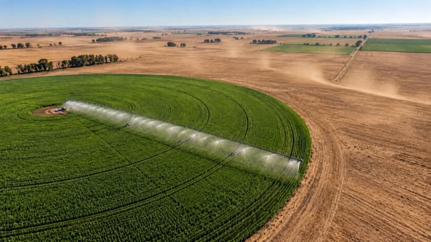 Vista aérea de un cultivo verde regado por pivote central junto a un campo de secano con suelo seco