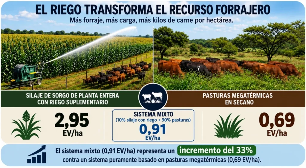 Comparación de carga animal entre silaje de sorgo bajo riego, pasturas megatérmicas en secano y un sistema mixto con 10 % de superficie regada