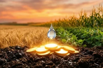Gota de agua sobre monedas entre cultivos de trigo, soja y maíz, como representación del valor económico del agua de riego