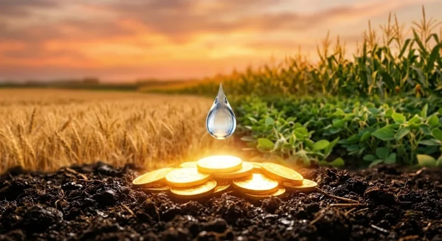 Gota de agua sobre monedas entre cultivos de trigo, soja y maíz, como representación del valor económico del agua de riego