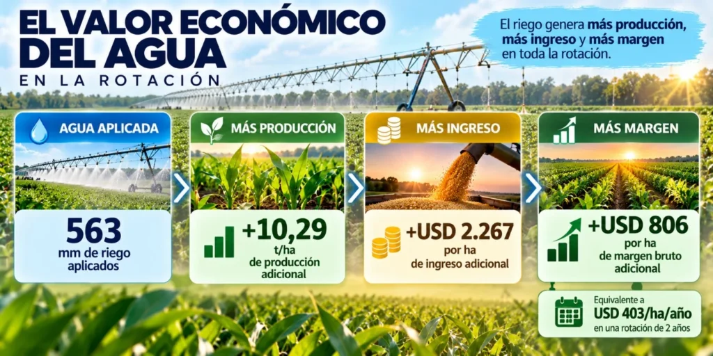 Infografía del valor económico del agua en la rotación, con 563 milímetros de riego, 10,29 toneladas adicionales, 2.267 dólares de ingreso y 806 dólares de margen bruto adicional por hectárea