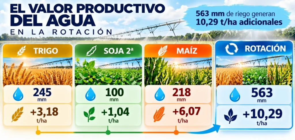 Infografía del valor productivo del agua en una rotación de trigo, soja de segunda y maíz, con milímetros aplicados y producción adicional