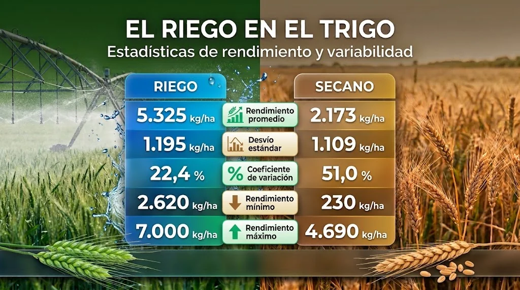 Infografía estadística del trigo con rendimientos promedio, desvío estándar, coeficiente de variación y rendimientos mínimos y máximos bajo riego y secano
